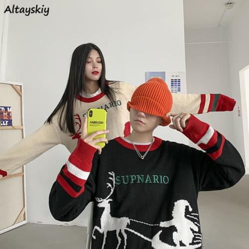 Sweaters Women Couple Outerwear Chic Pullovers Knitting Print BF Female Ins Clothes Leisure Autumn 2020 New Oversize Lady Daily