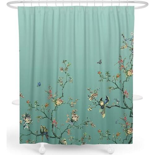 Fabric Floral Shower Curtain Set Green Ombre Decorative Bath Curtain Modern Bathroom Climbing Flowers Bird and Leaves