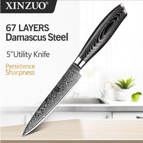 XINZUO 5"inch Utility Knife Profesional Japanese Damascus Steel Kitchen Knife Multi-purpose Cutter Knives with Pakka Wood Handle