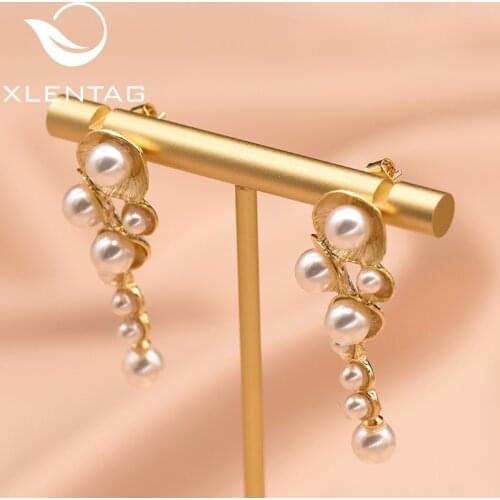 XlentAg White Shell Pearl Drop Earrings For Women Female Handmade Wedding Gold Plated Dangle Earring Luxury Jewellery GE0330