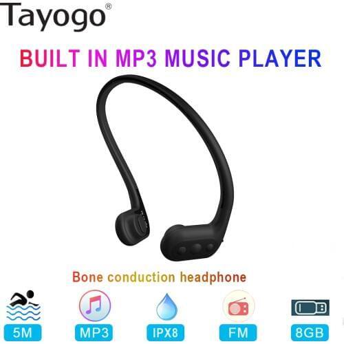 Tayogo W01 Waterproof Bone Conduction Headphone Bulit in 8GB Swim MP3 Player with FM Radio IPX8 Sport Earphone for Diving Runing