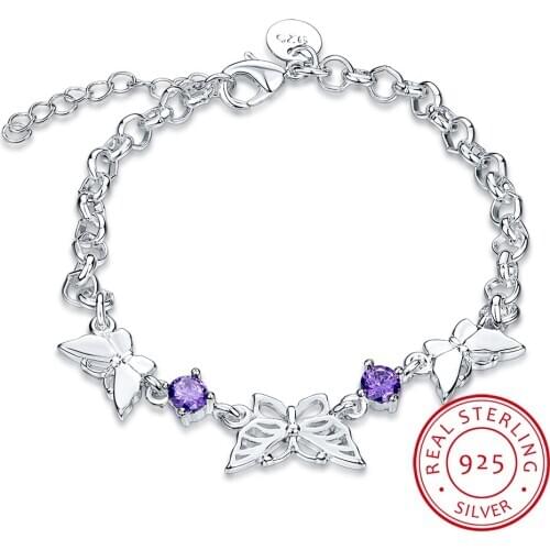 LEKANI Purple Crystal Butterfly Bracelet & Bangle For Women 925 Sterling Silver Fine Jewelry for Girls Pulseira feminina