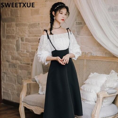 SWEETXUE Womens Fashion Suit Womens Strapless Half Sleeve Short Top + High Waist Strap Two-piece Dress Sets French Retro Chic