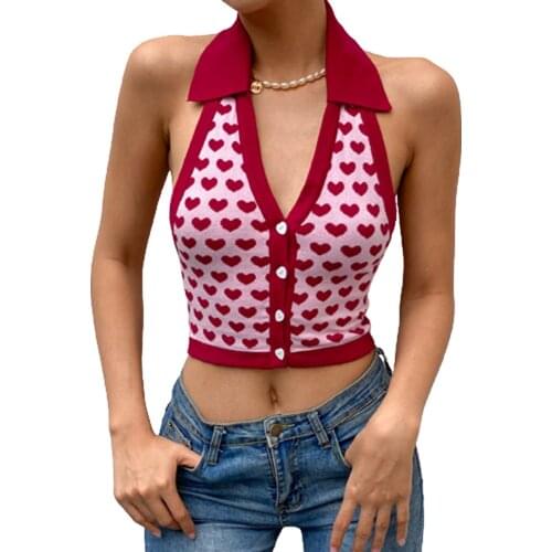 Sexy Crop Top Women’s Camisole Heart Print Halter Button Tank Top Exposed Navel Short Tops Backless V-neck Knitted Tube Top