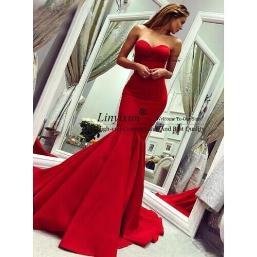 2020 Modest Red Strapless Sleeveless Prom Dresses Wear Mermaid Long Backless Plus Size Prom Gowns Cheap Formal Evening Gowns