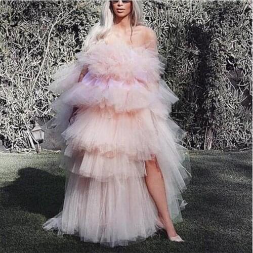 2019 Special Design Pink High Low Evening Party Dresses Elegant Off Shoulder Tiered Ruffle Long Prom Gown Custom Plus Size