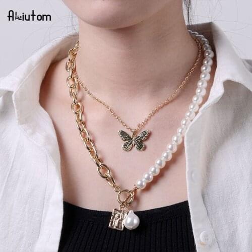 ALIUTOM Separated Vintage Pearl Necklaces Set Big Butterfly Lock Chain Love and Peace Pendant Necklace for Women Punk Jewelry
