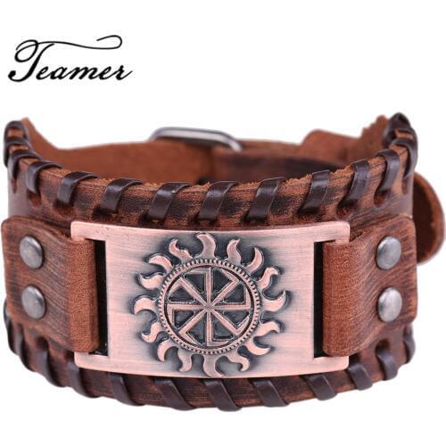 Teamer Amulet Supernatural Talisman Jewelry for Men Sun Gears Charm Bracelets Slavic Wide Genuine Leather Bracelets Gifts