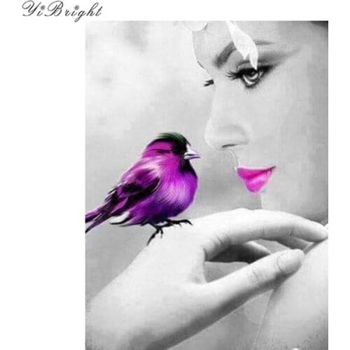 DIY Full Round Diamond Painting Cross Stitch female frail Woman and purple bird Diamond Embroidery Mosaic Decor Gift YQ