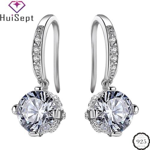 HuiSept Silver 925 Women Earrings Round Shape Sapphire Zircon Gemstones Jewellery Drop Earring Ornament Wedding Party Wholesale