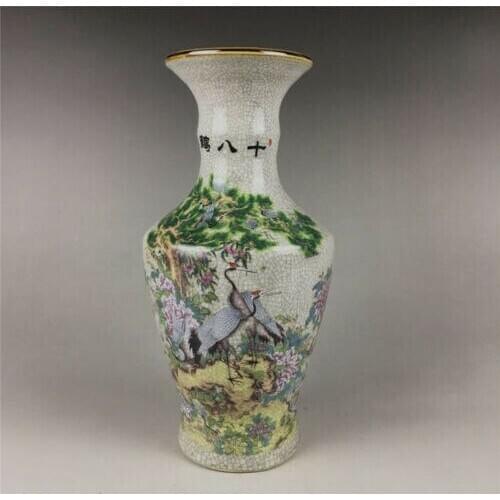Chinese old porcelain ornaments Pastel Cracked glaze Crane pattern vase
