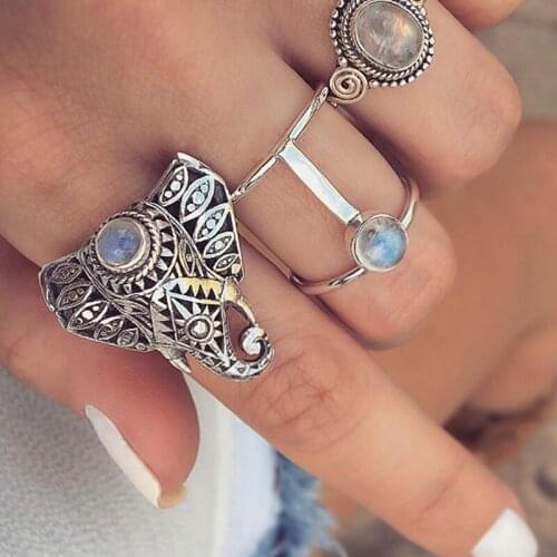 3 Pcs/Set Womens Fashion Hollow Elephant Round Crystal Opal Silver Color Joint Ring Bohemian Retro Party Ring Set Charm Gifts