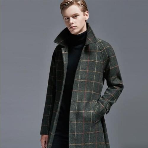 Mens woolen coat green grey mid-length trench coats male abrigo hombre handsome British jacket 2021 autumn and winter new