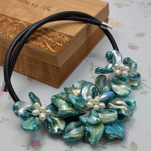New Arrival Unique Shell Flower Fine Women Jewelry Real Pearl Blue Flower Necklace Handmade Black Leather Perfect Party Gift