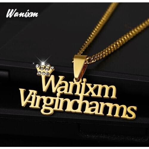 Wanixm Crystal Crown Custom Name Stainless Steel Necklaces for Women Customized Letters Necklace Personalized Zirconia Pendand