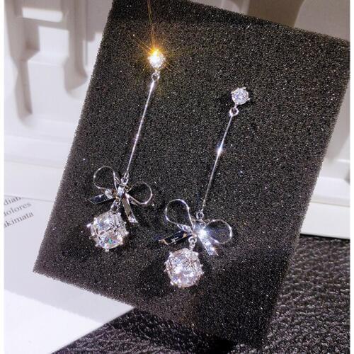 Top Quality Korean Bowknot 925 Sterling Silver Long Stud Earrings Jewelry for Women Party CZ Zircon Crystal Statement Earring
