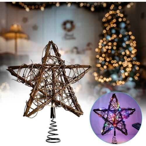 Rattan Gold Star Shape Tree Top Light Christmas Tree Leaning Stars Rustic LED Tree Top Decoration Indoor UD88