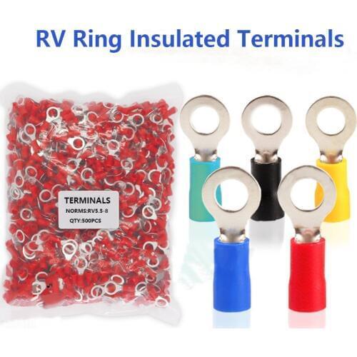 RV5.5-8 500pcs Ring Insulated Cold Press cable Terminal Connectors Circular Electrical Wire Joint Crimp Terminals AWG 12-10
