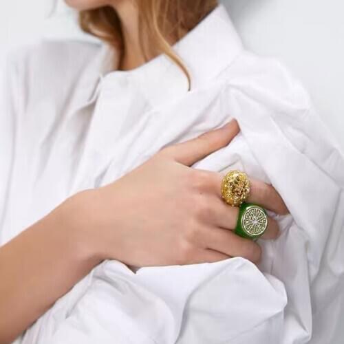 Tocona Charming Lemon Ring for Women 2020 Trendy Shiny Rhinestone Lovely Green Fruit Joint Ring Jewelry Accessories 14831