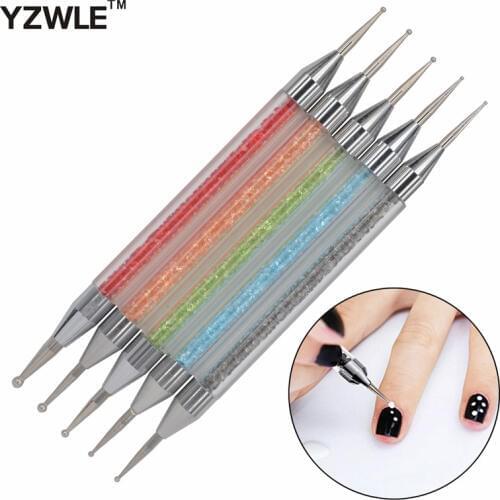 YZWLE 5Pcs/Pack Nail Art Tools Rhinestones Painting Drawing Brush Pen 2 Way Nail Art Dotting Tool 15
