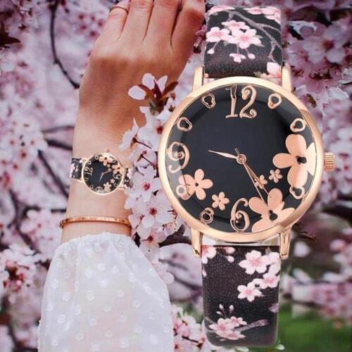 Creative Hipster Ladies Watches Floral Round Alloy Dial Analog Faux Leather Printing Band Women Quartz Wrist Watch reloj mujer