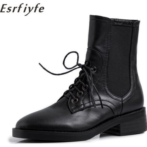 ESRFIYFE 2020 New Round Toe Ankle Boots for Women Lace Up Black Female Boots Genuine Leather British Style Chelsea Ankle Boots