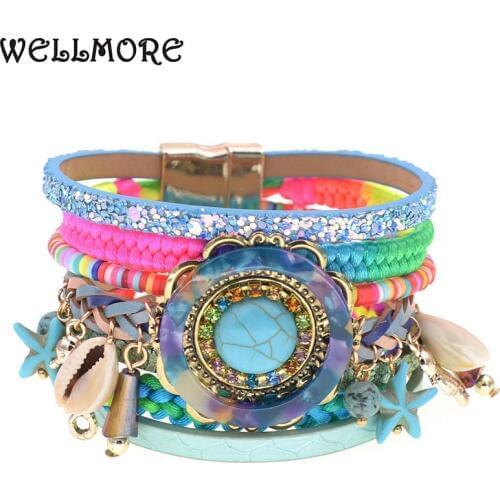 WELLMORE shell bohemia bracelets women Leather bracelets charm bracelets for women fashion jewelry drop shipping wholesale