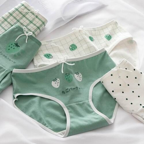 Women Cotton Panties Green Strawberry Print Cute Underwear Girl Cartoon Lingerie Breathable Polka Dots Briefs NK34