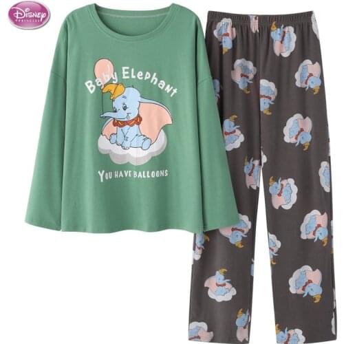 Disney Dumbo Womens Autumn Winter Two-piece Home Suit Soft Casual Long-sleeved 100% Cotton Long Sleeve Top Pants Pajamas Women