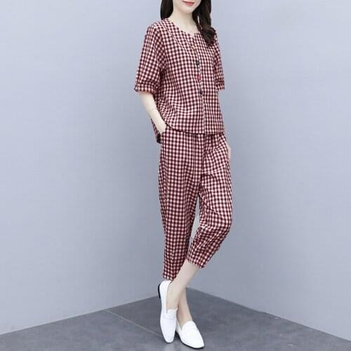 Sets Womens 2020 Summer Cotton Linen Set Large Size Short-sleeved Plaid Top Loose Casual Cropped Trousers Two-piece Suit E233