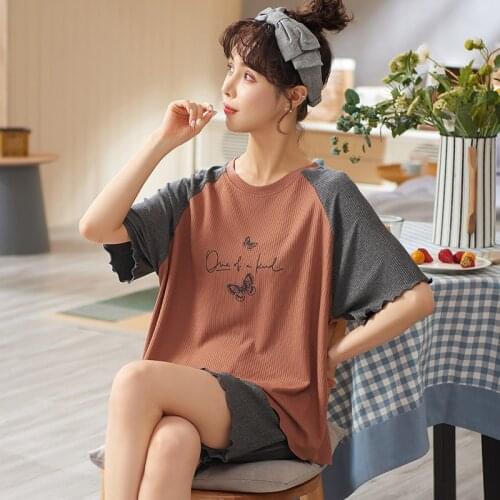 For Women Female Kawaii Modal Cotton Thin Short Sleeve Homewear Pajamas Sets Summer Simple Leisure Square Collar Gray Sleepwear
