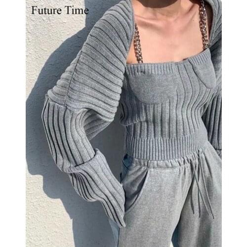 2021 Chic Autumn New Women Sweaters 2 PCS Set Vintage Slim Knitted Vest and Casual Pullovers Sueter Mujer Suits SS1129