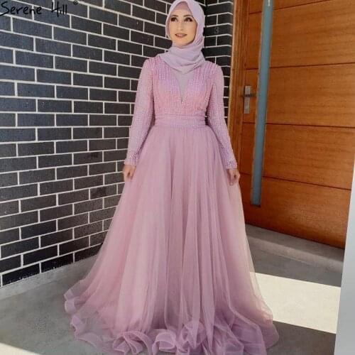 Serene Hill Dubai Pink V-Neck Lace Up Evening Dress 2020 Long Sleeves Sequins Beading A-Line Formal Party Gown CLA70237