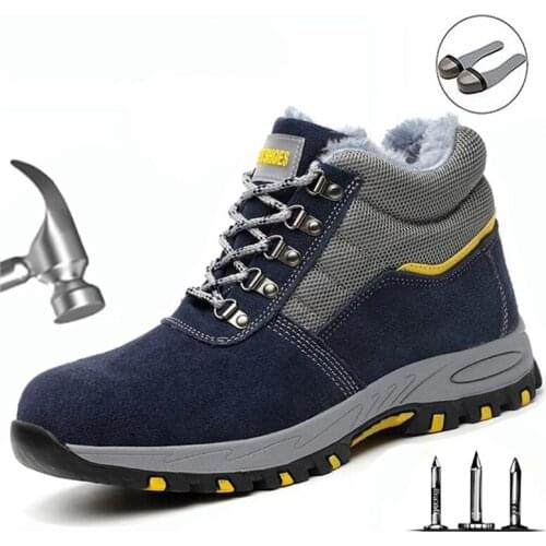 2019 Winter Men Safety Work Boots Warm Plush Fur Mens Labor Insurance Puncture Proof Snow Boot Man Steel Toe Cap Shoes Male