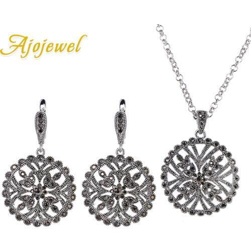 Ajojewel Brand Designer Big Round Hollow Flower Earrings Necklace Set Black Rhinestones Vintage Jewelry Sets For Women Bijoux