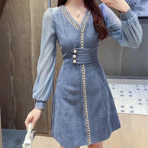 Full Sleeve one-piece dress korean New Sequins High Waist V-Neck Dresses