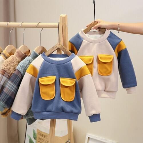 Baby Boy Winter Warm Stitching Clothes Girls Round Neck Pullover Sweater Jacket Kids Fleece Cotton Coat Children Pocket Clothes