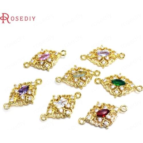 10PCS 24K Champagne Gold Color Brass and Zircon and Glass 2 Holes Rhombus Connect Charms Pendants Jewelry Diy Making Supplies