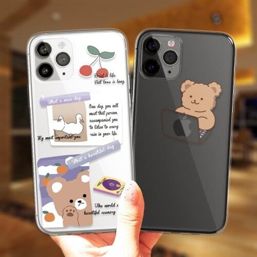 Fashion Funny Bear Couples Cute Smile Case For iPhone 11 12 Pro XS Max X XR 6 6S 7 8 Plus 5S SE 12Mini Label Art Silicone Cover