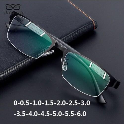 Business Square Myopia Glasses for Men Block Blue Light Eyeglasses Half Frame AC Lens Finished Prescription Eyewear 0~-6.0