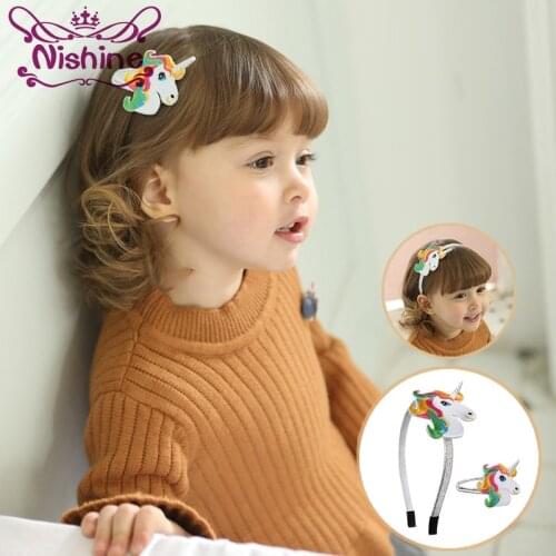 Nishine New Spring Summer Unicorn Hairbands Hairpins Embroidery Unicorn Cartoon Headbands Girls Children Headwear