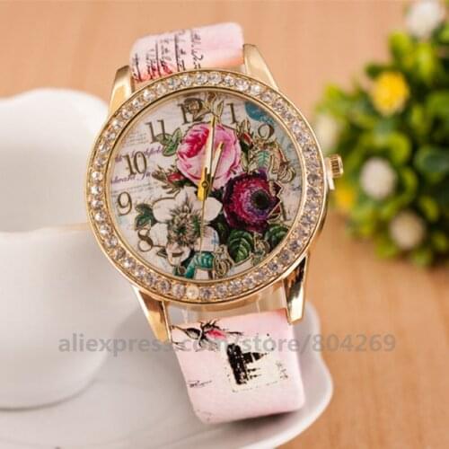 Wholesale Hot Sale Women Casual Leather Wristwatch Flower Mission Luxury Dress Watches Women Men Watch Candy Color Male Watches