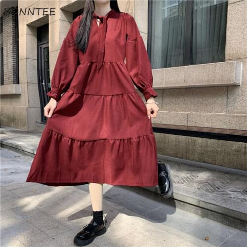 Long Sleeve Dress Women Lovely Chic Retro Simple Loose Korean Preppy Style Stylish Bow Girls Clothing Ins Sweet Mujer Vestidos