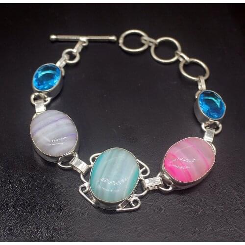 Rare Jewelry Unique BotswanaAgate BlueTopaz Silver Color Charms Links Bracelets For Women 7.75 Inch HD768