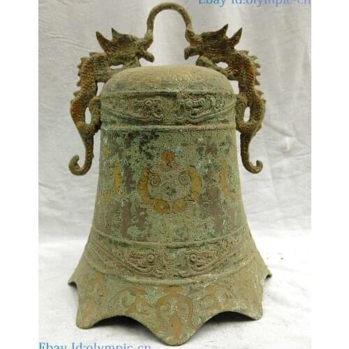 11" China old bronze gild sculpture carved fine lucky beautiful two bell Statue