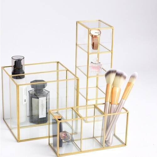 Glass Makeup Brush Storage Barrel Pen Holder Storage Cosmetic Storage Box Glass Copper Strip Mask Storage Case Make Up Organizer