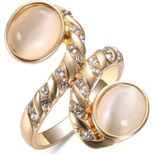 FYJS Unique Light Yellow Gold Color Cat Eye Stone Finger Ring with Rhinestone Inspiration Jewelry
