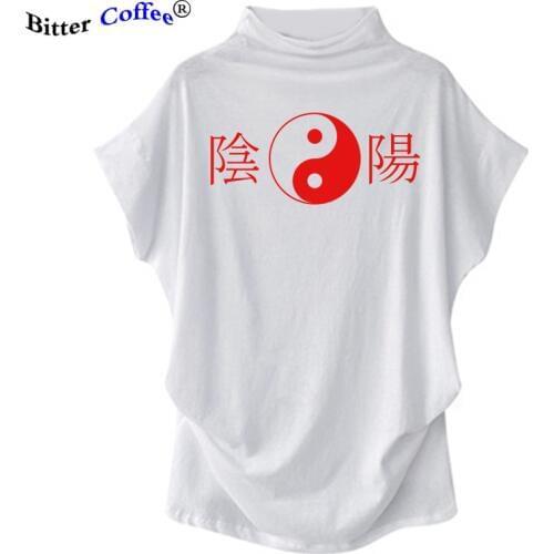 Yin Yang print Women T Shirt Casual Tees Melanin T Shirts Women Casual Turtleneck t-shirt Short Batwing Sleeve Tops Plus Size