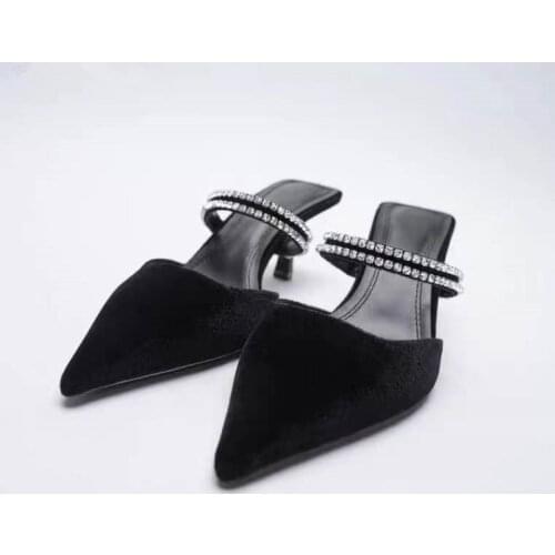 ZAR 2021 Summer New Black Fashion Pointed Toe Rhinestone High Heels Sexy Stiletto Sandals Party Shoes Women Chaussure Femme Hot