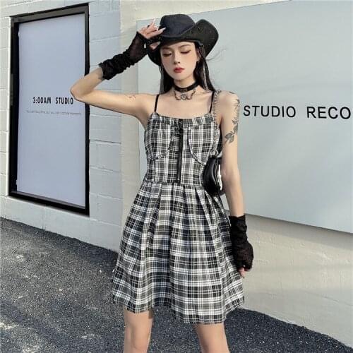 Women Backless Sleeveless High Waist Pleated Dresses Gothic Lady Black White Plaid Mini Dress Summer Korean Fashion Clothes